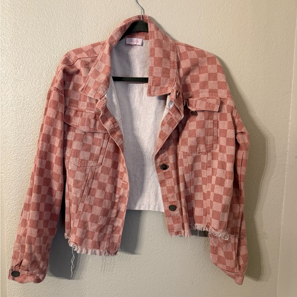 Pink Lily Checkered Jean Jacket